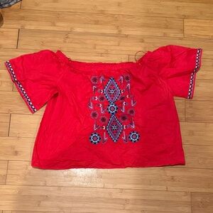 Red Embroidered Off-Shoulder Crop Top